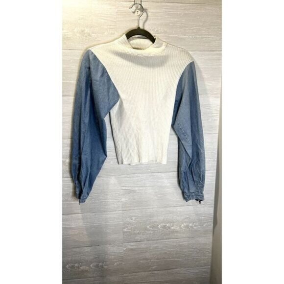 Say What? Women's Mock Neck Ribbed Knit Sweater with Denim Long sleeves - Picture 2 of 5